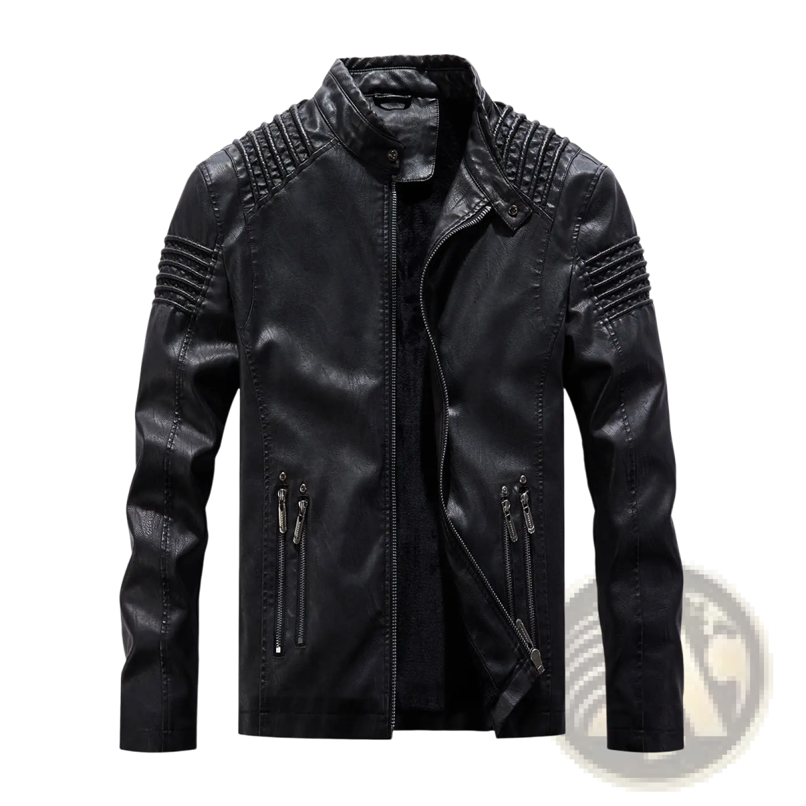 Black faux leather motorcycle jacket with ribbed detailing on shoulders and sleeves shown from the back side