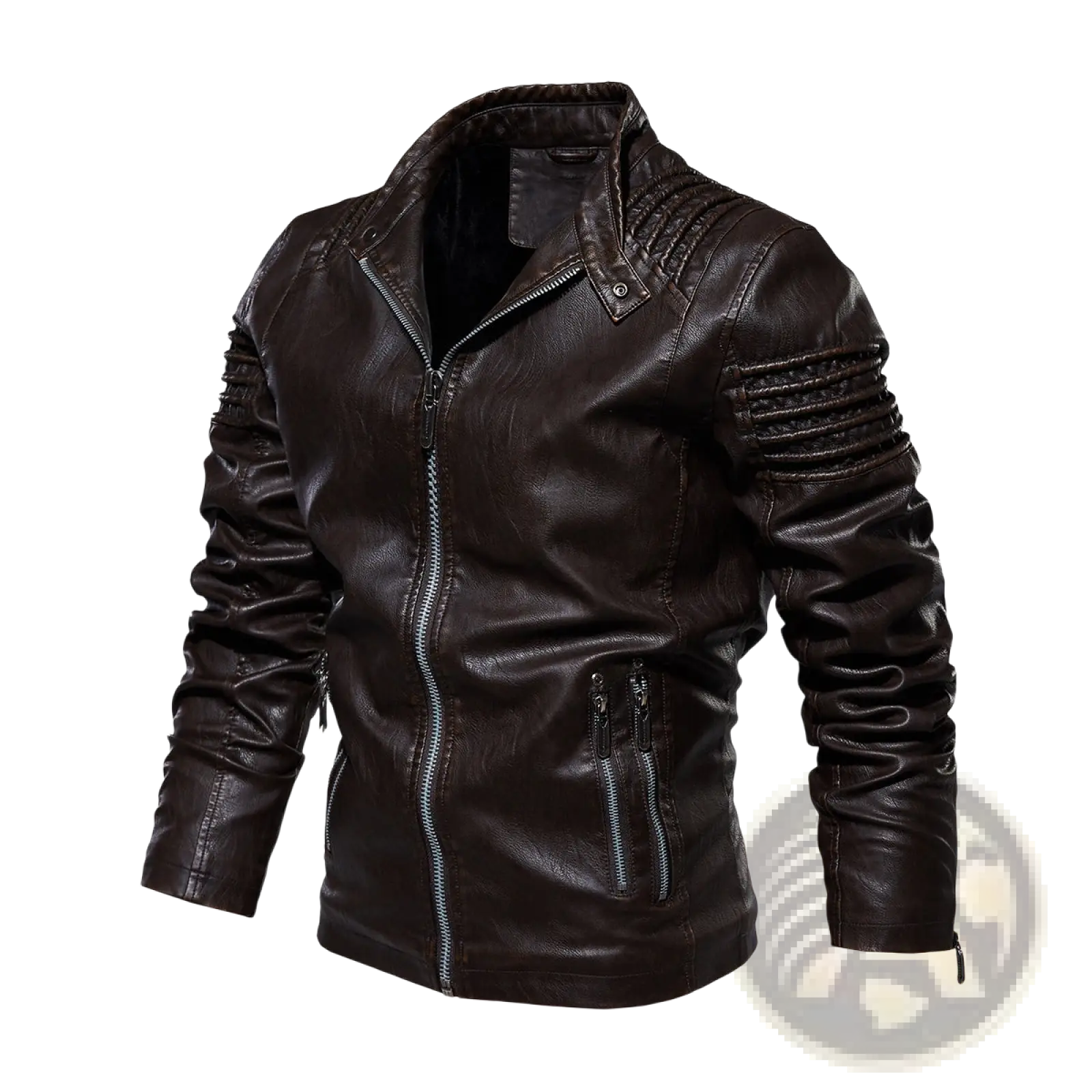 Brown faux leather moto jacket with ribbed textured sleeves and silver zippers in dark brown color