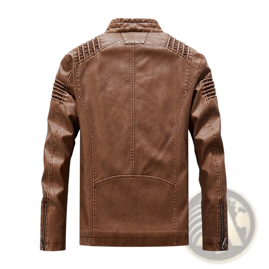 Brown faux leather moto jacket with stitched detailing and ribbed shoulder accents for stylish outerwear