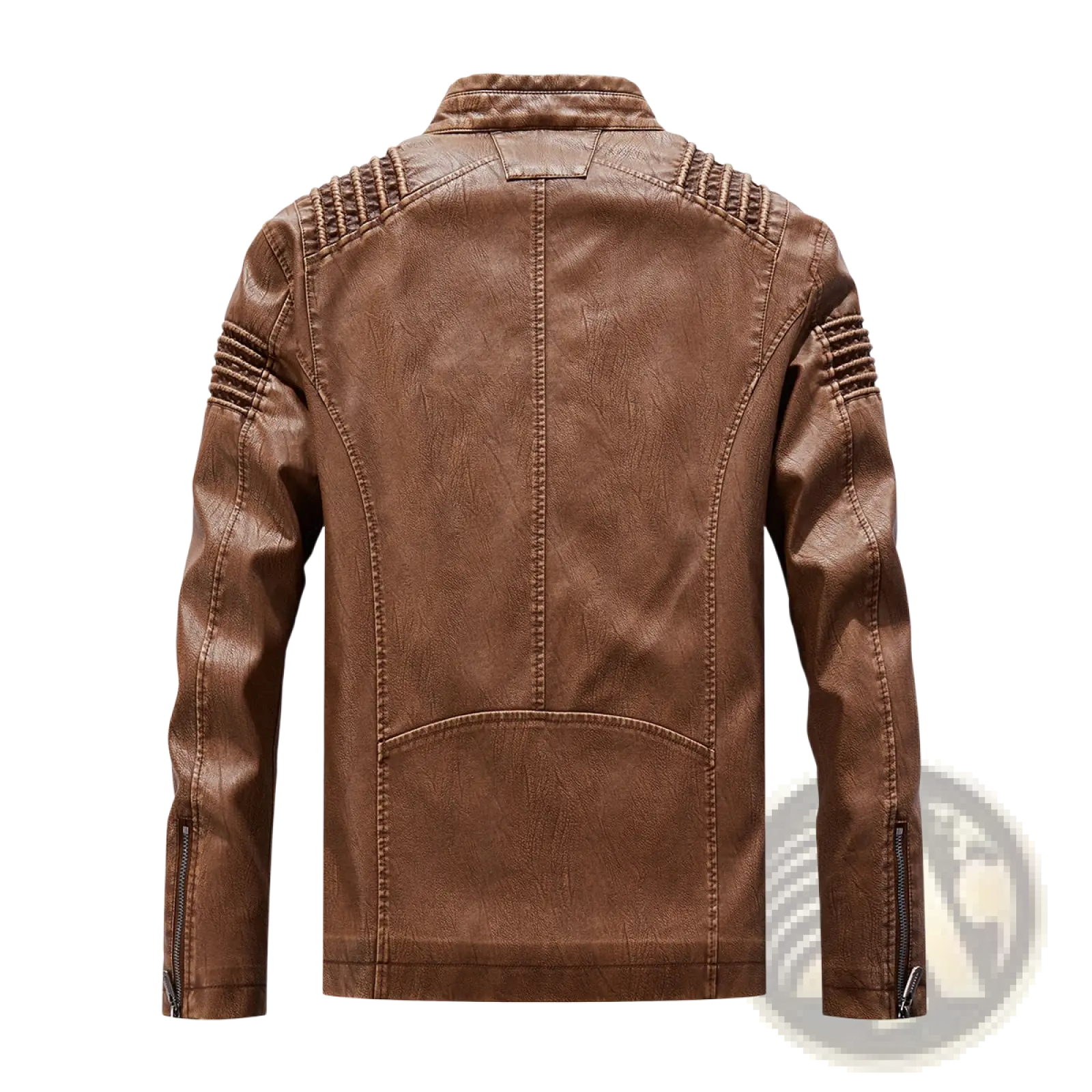 Brown faux leather moto jacket with stitched detailing and ribbed shoulder accents for stylish outerwear