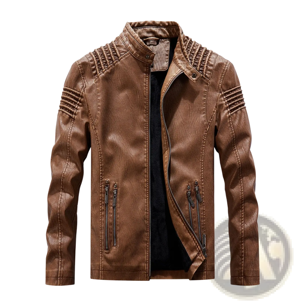 Brown faux leather moto jacket featuring ribbed detailing on shoulders and sleeves shown from the back side