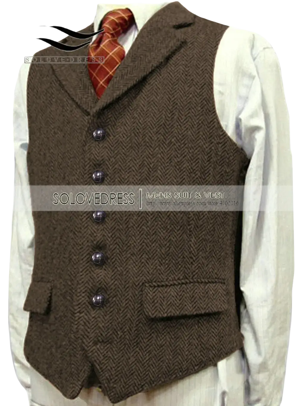 Brown herringbone wool mens vest slim fit with dark buttons and flap pockets for a stylish formal look