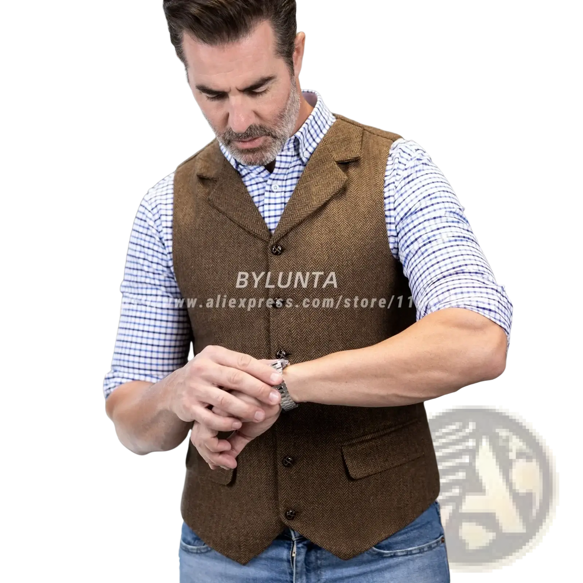 Brown herringbone wool mens vest slim fit with button closures and a single front pocket for formal wear