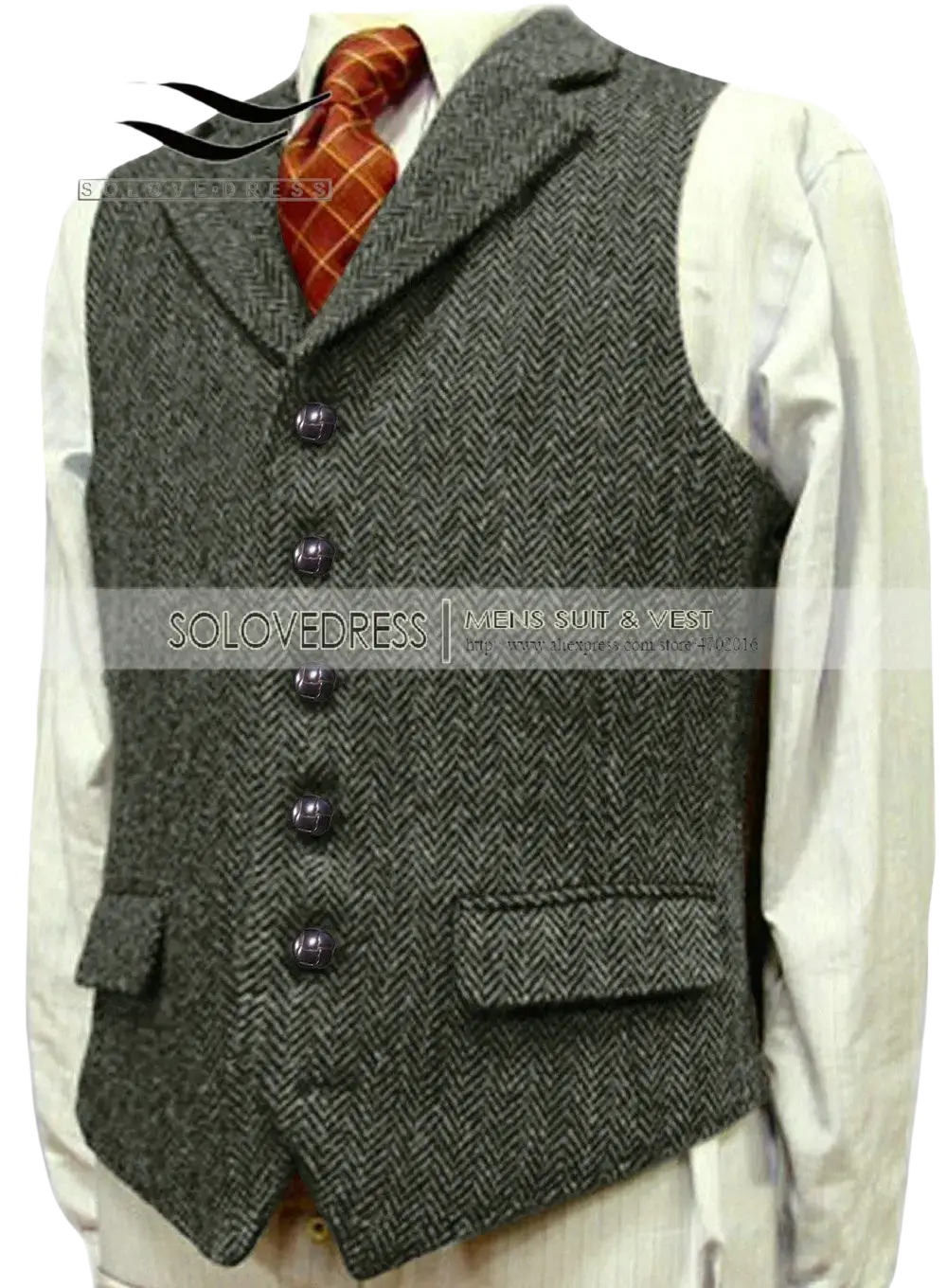 Brown herringbone wool mens vest slim fit featuring dark gray and black tones with five matching buttons