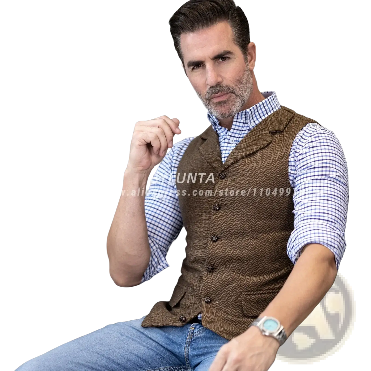 Brown herringbone wool mens vest slim fit with dark brown buttons and flap pockets in a classic design