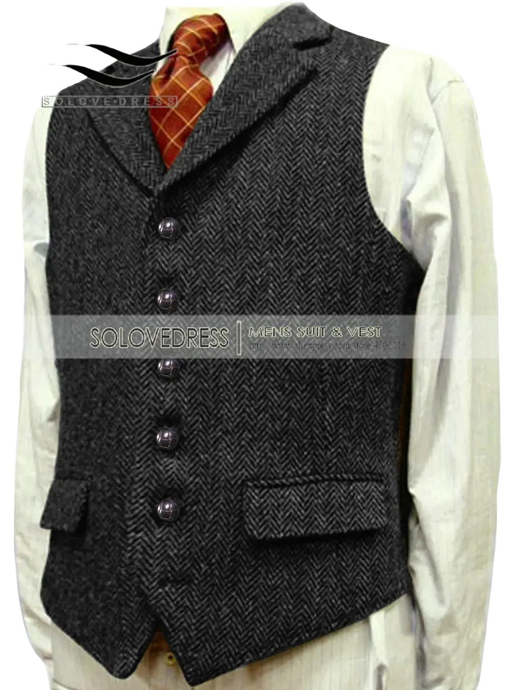 Dark gray herringbone wool mens vest with black buttons and flap pockets slim fit for formal wear
