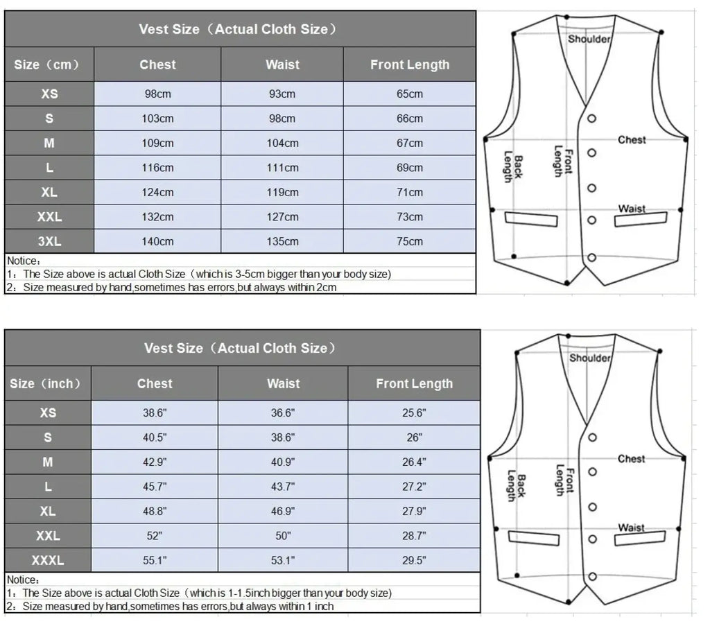 Size chart for brown herringbone wool mens vest slim fit with detailed measurements in centimeters and inches from xs to xxxl