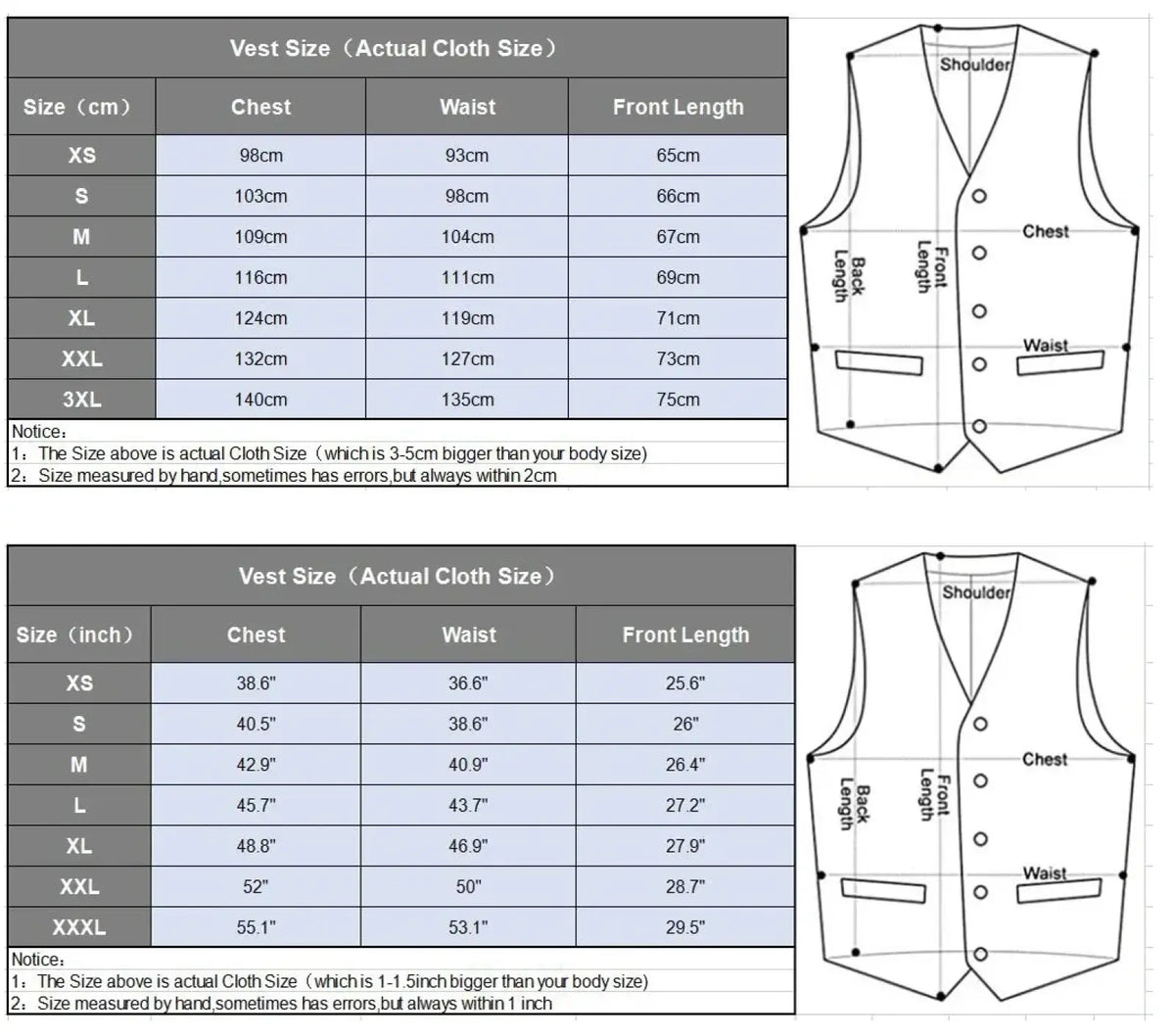 Size chart for brown herringbone wool mens vest slim fit with detailed measurements in centimeters and inches from xs to xxxl
