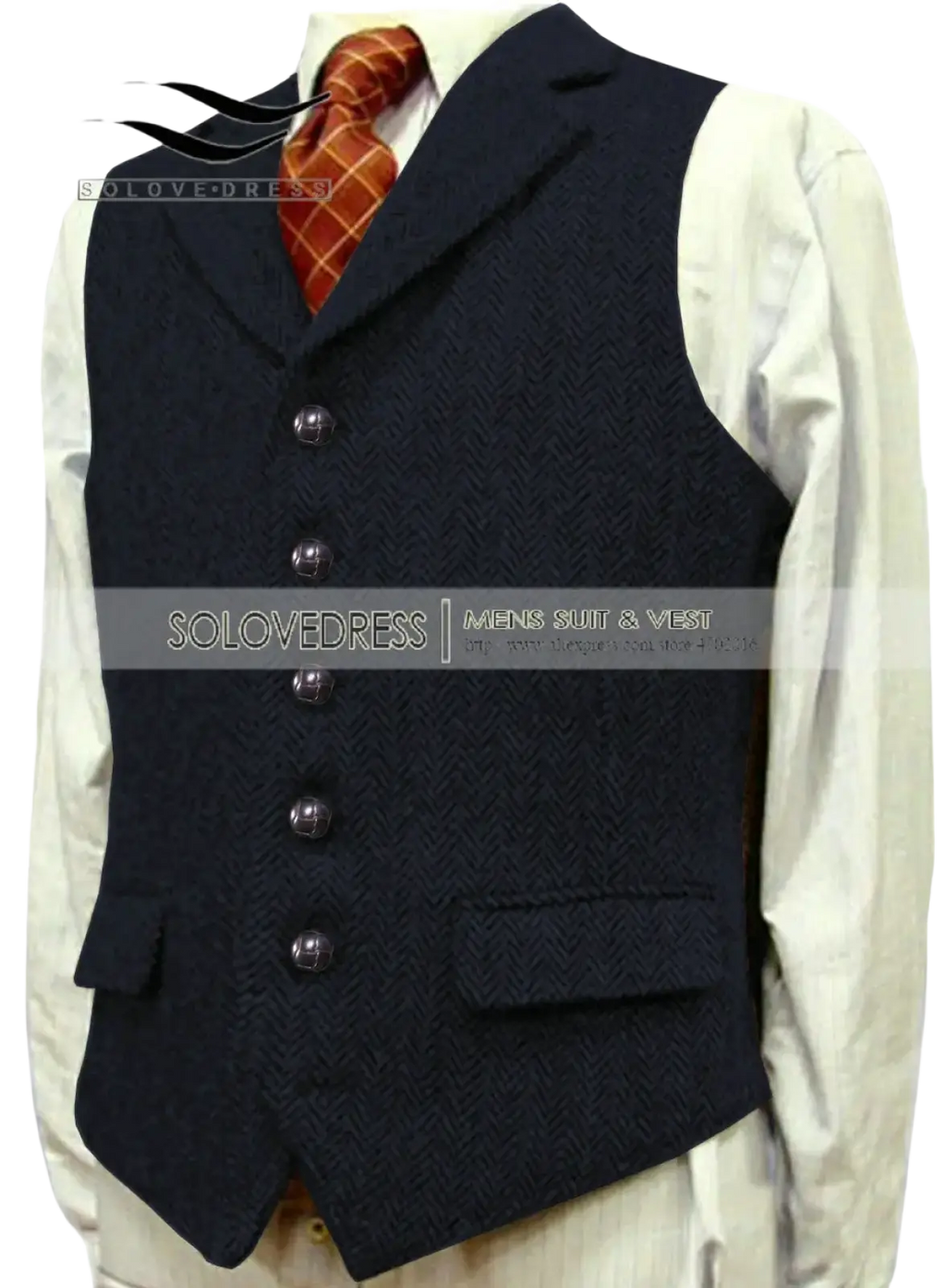 Navy blue textured wool vest with five dark buttons and flap pockets slim fit for men