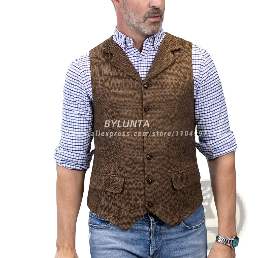 Brown herringbone wool mens vest with slim fit, notched lapels, and flap pockets for a formal look