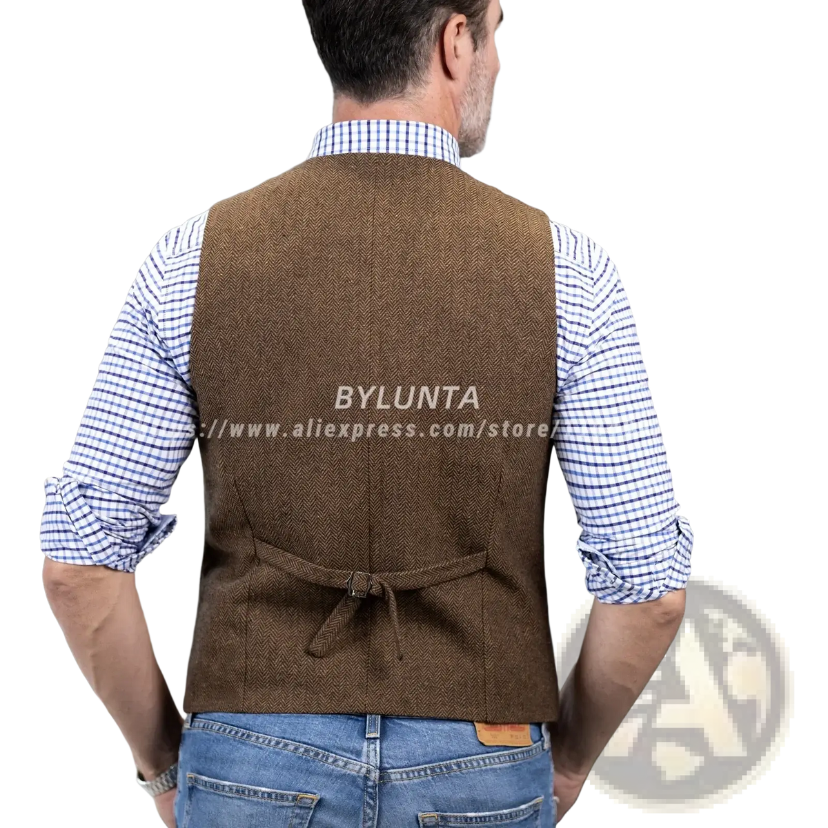 Brown herringbone wool mens vest slim fit with tied waistband showcasing a stylish and tailored design