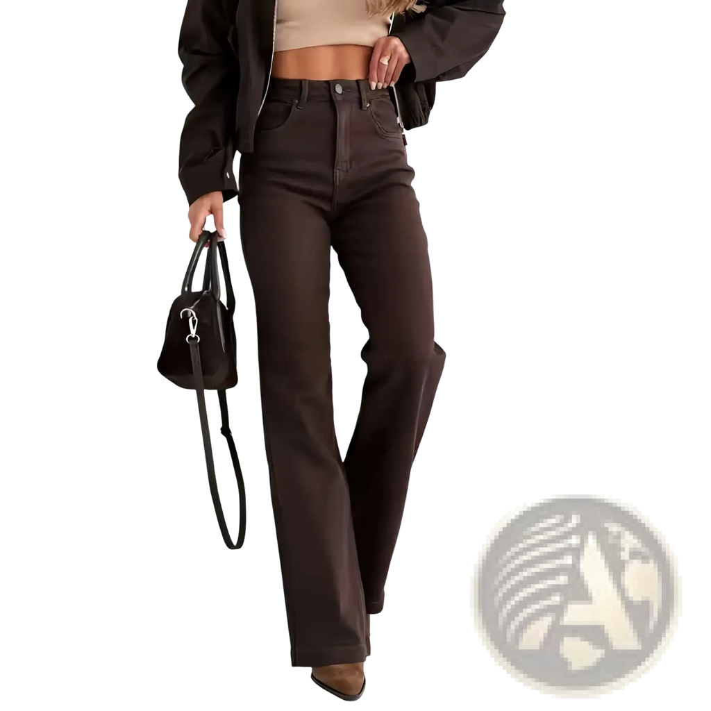 Brown high waisted flared jeans in dark brown classic denim with visible stitching showing front view