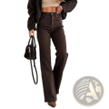 Brown high waisted flared jeans in dark brown classic denim with visible stitching showing front view
