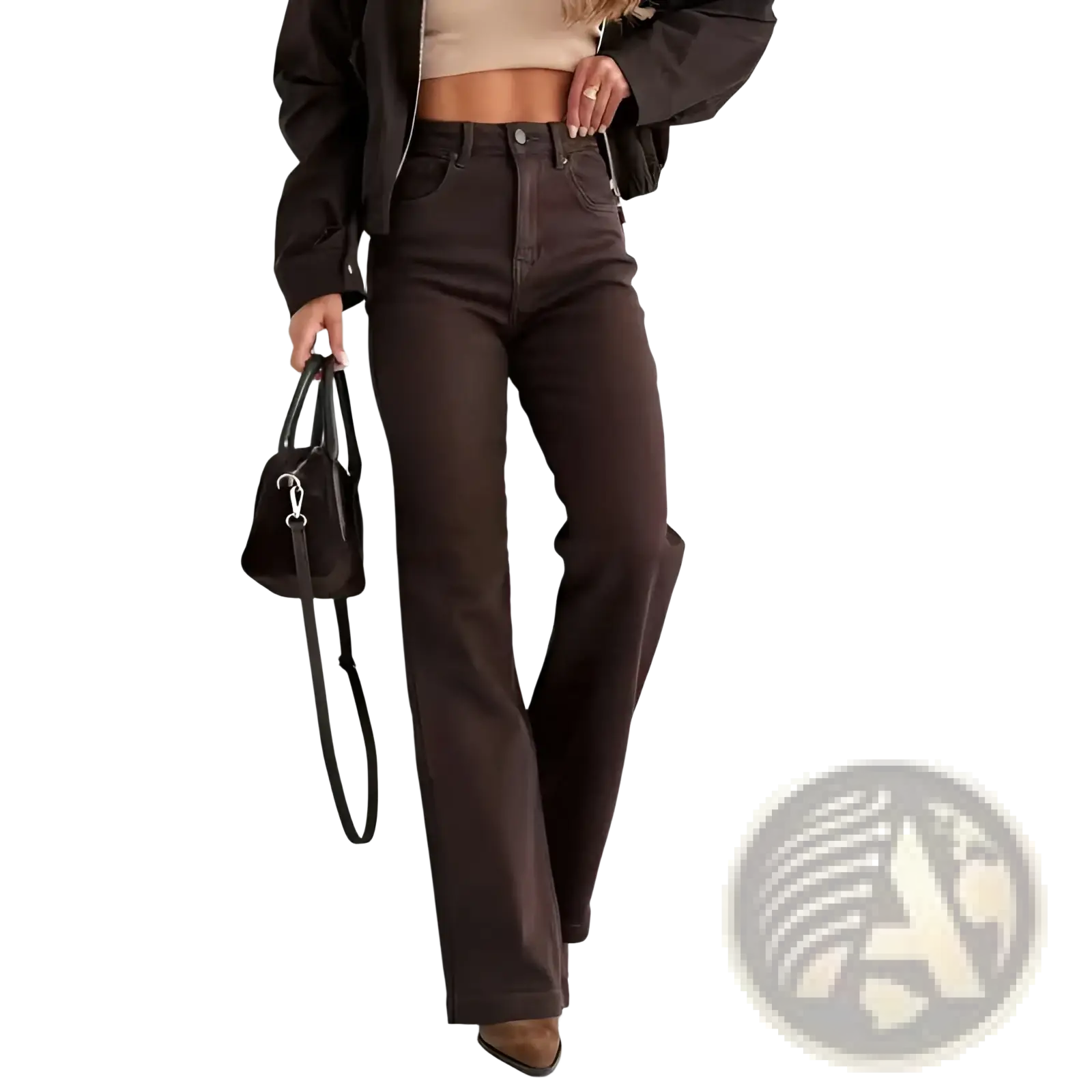 Brown high waisted flared jeans in dark brown classic denim with visible stitching showing front view