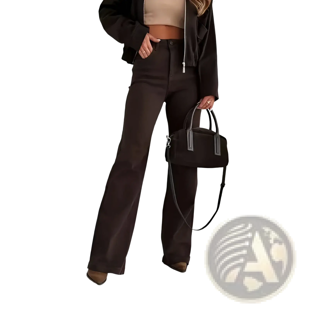 Black structured handbag with silver toned hardware and detachable shoulder strap paired with brown high waisted flared jeans