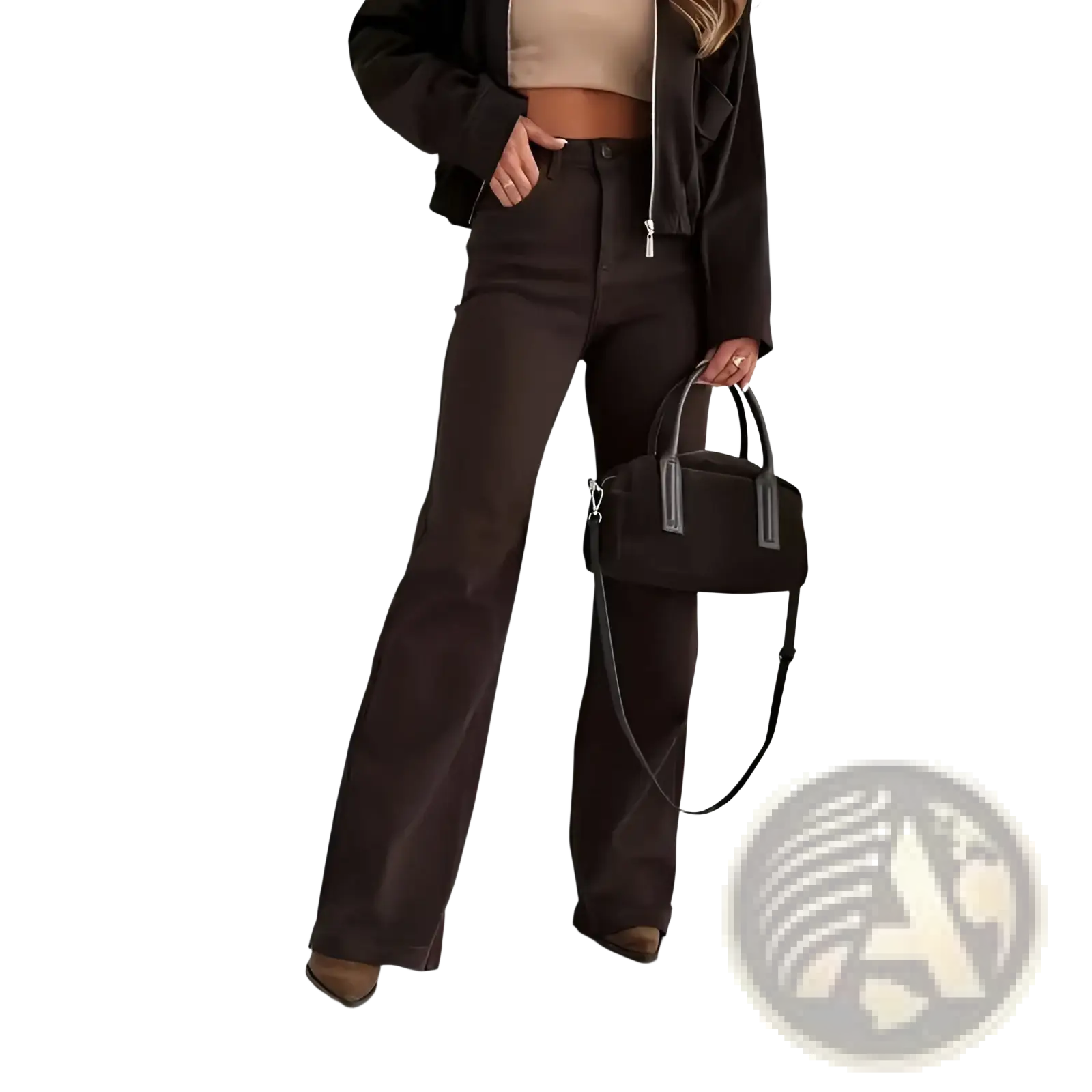 Black structured handbag with silver toned hardware and detachable shoulder strap paired with brown high waisted flared jeans