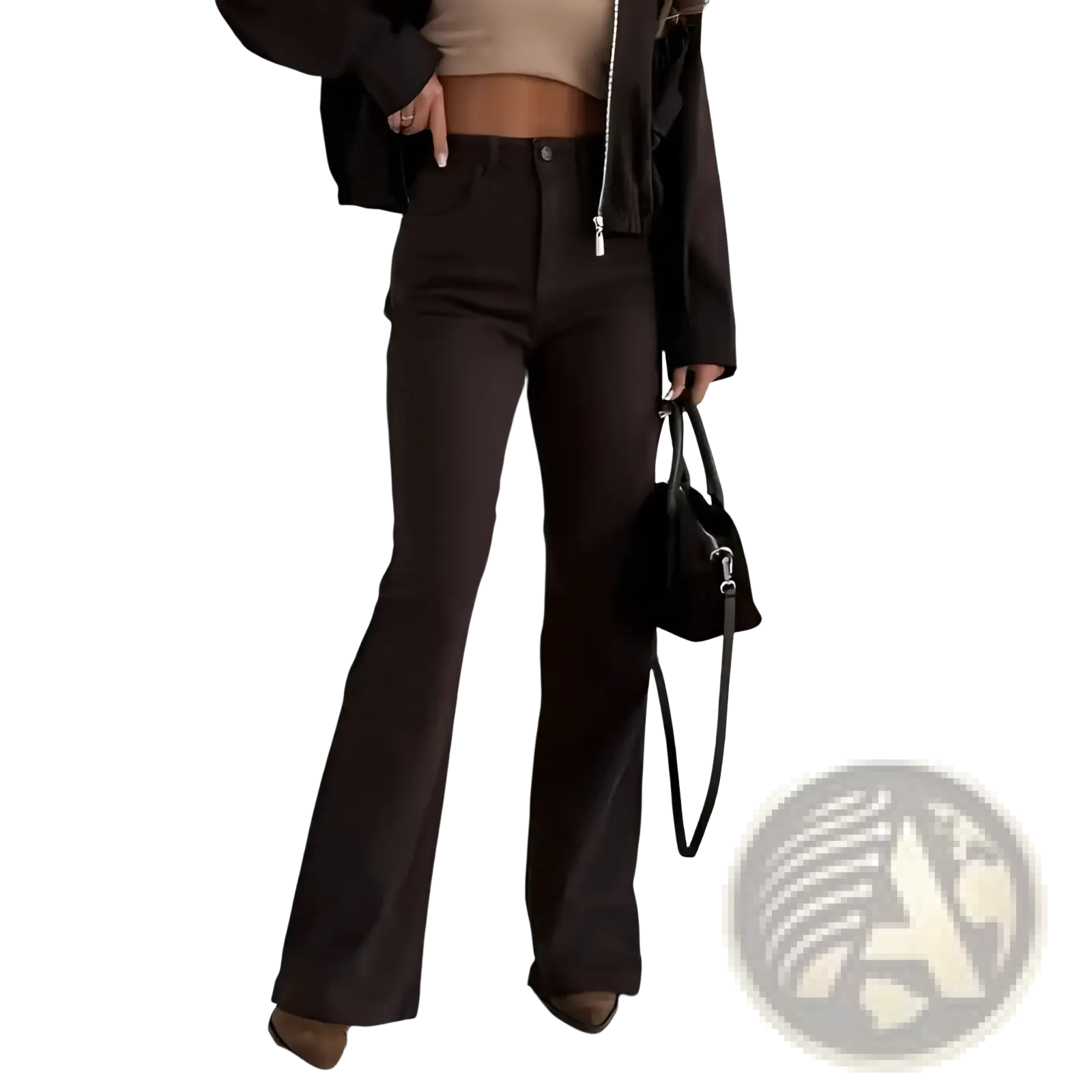 Brown high waisted flared jeans in dark brown with a sleek, straight-leg cut made from denim fabric