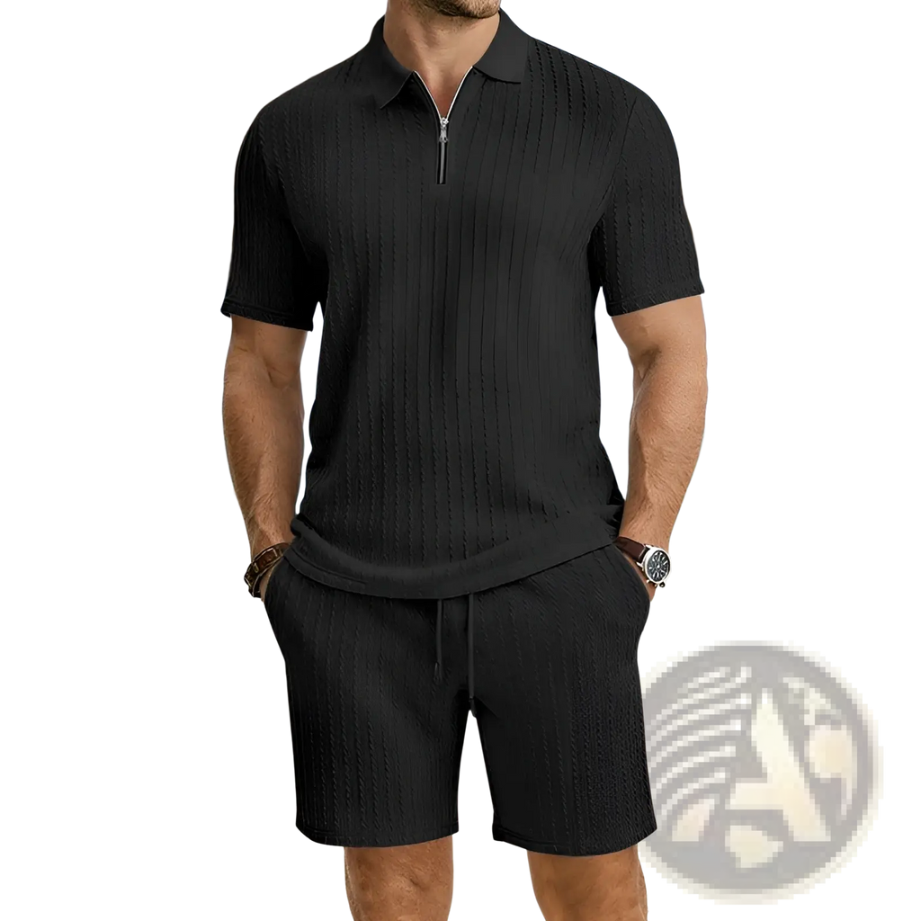 Black ribbed knit polo shirt with half-zip collar and short sleeves in a brown knit polo shirt and shorts set