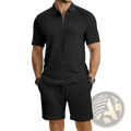 Black ribbed knit polo shirt with half-zip collar and short sleeves in a brown knit polo shirt and shorts set