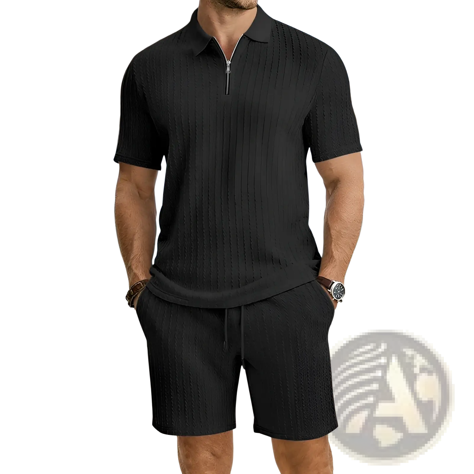 Black ribbed knit polo shirt with half-zip collar and short sleeves in a brown knit polo shirt and shorts set