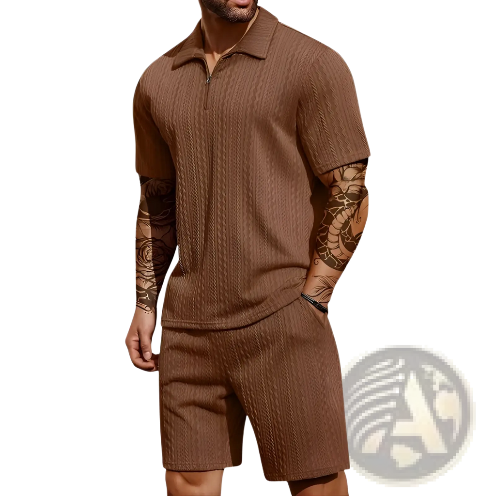 Brown cable-knit polo shirt and matching shorts set made of knit fabric perfect for casual wear
