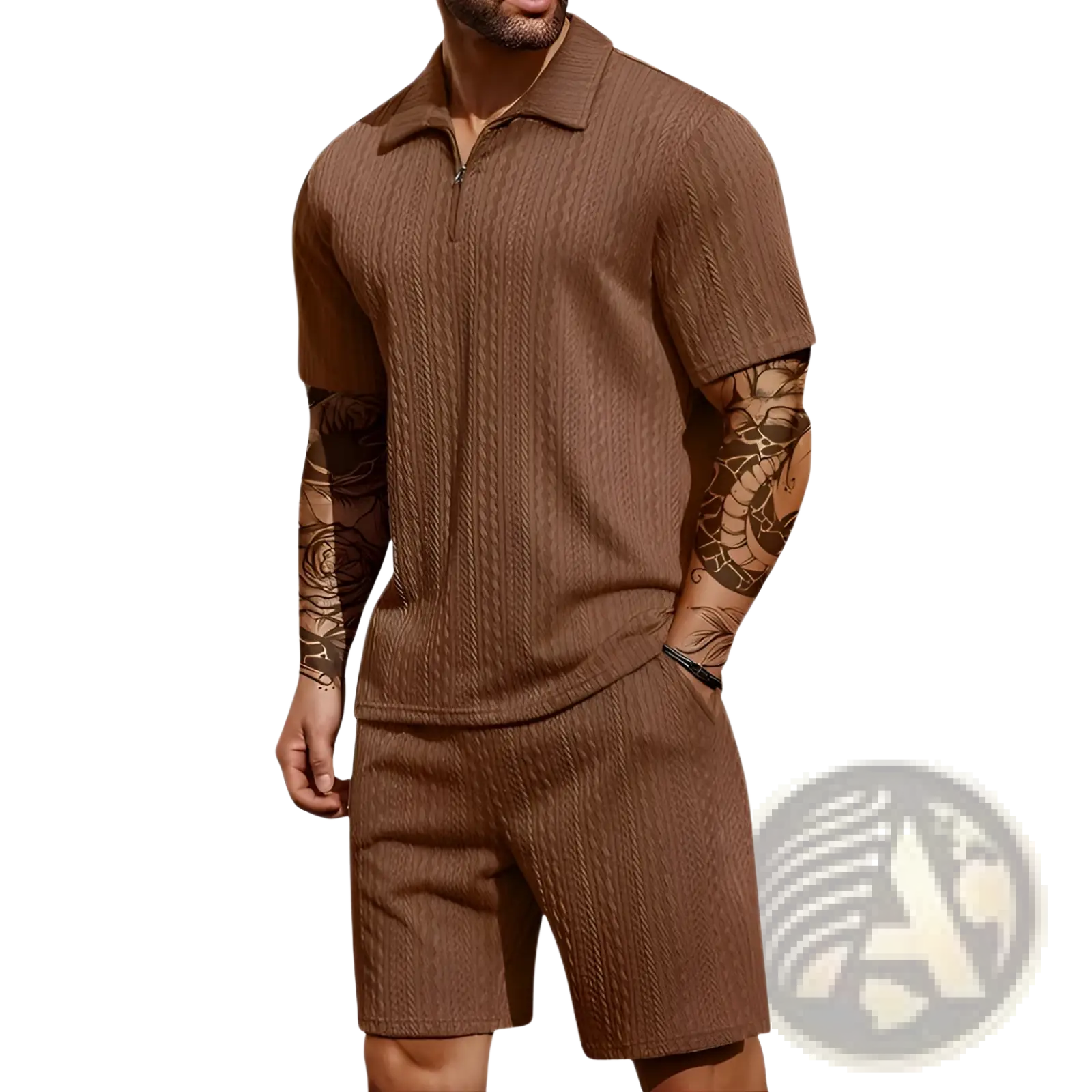 Brown cable-knit polo shirt and matching shorts set made of knit fabric perfect for casual wear
