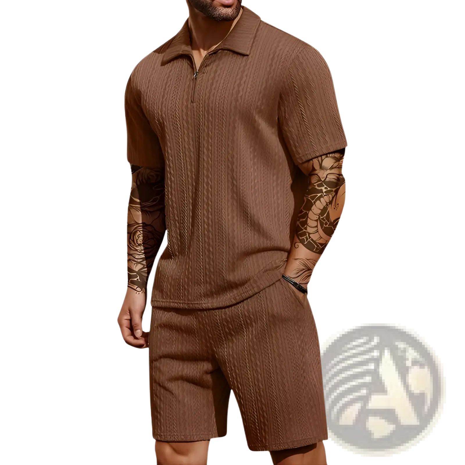 Brown knit polo shirt and shorts set with short sleeves and subtle cable knit texture in matching brown color