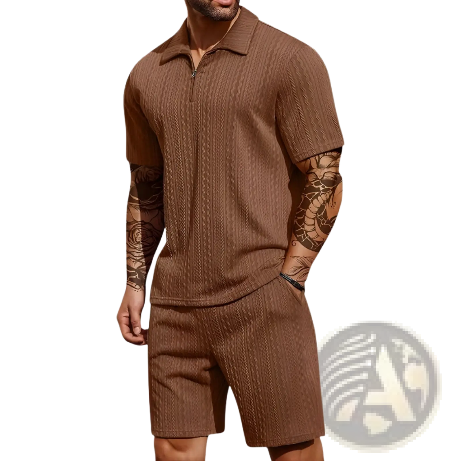 Brown ribbed knit polo shirt with short sleeves and matching shorts set ideal for casual wear