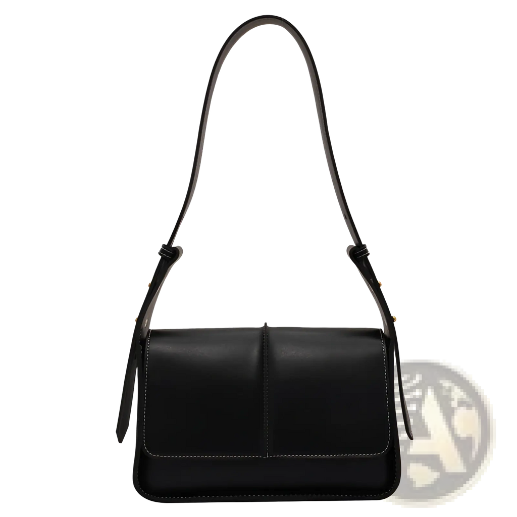 Black leather crossbody bag with sleek minimalist design and contrasting white stitching along the edges