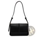 Black leather crossbody bag with sleek minimalist design and contrasting white stitching along the edges