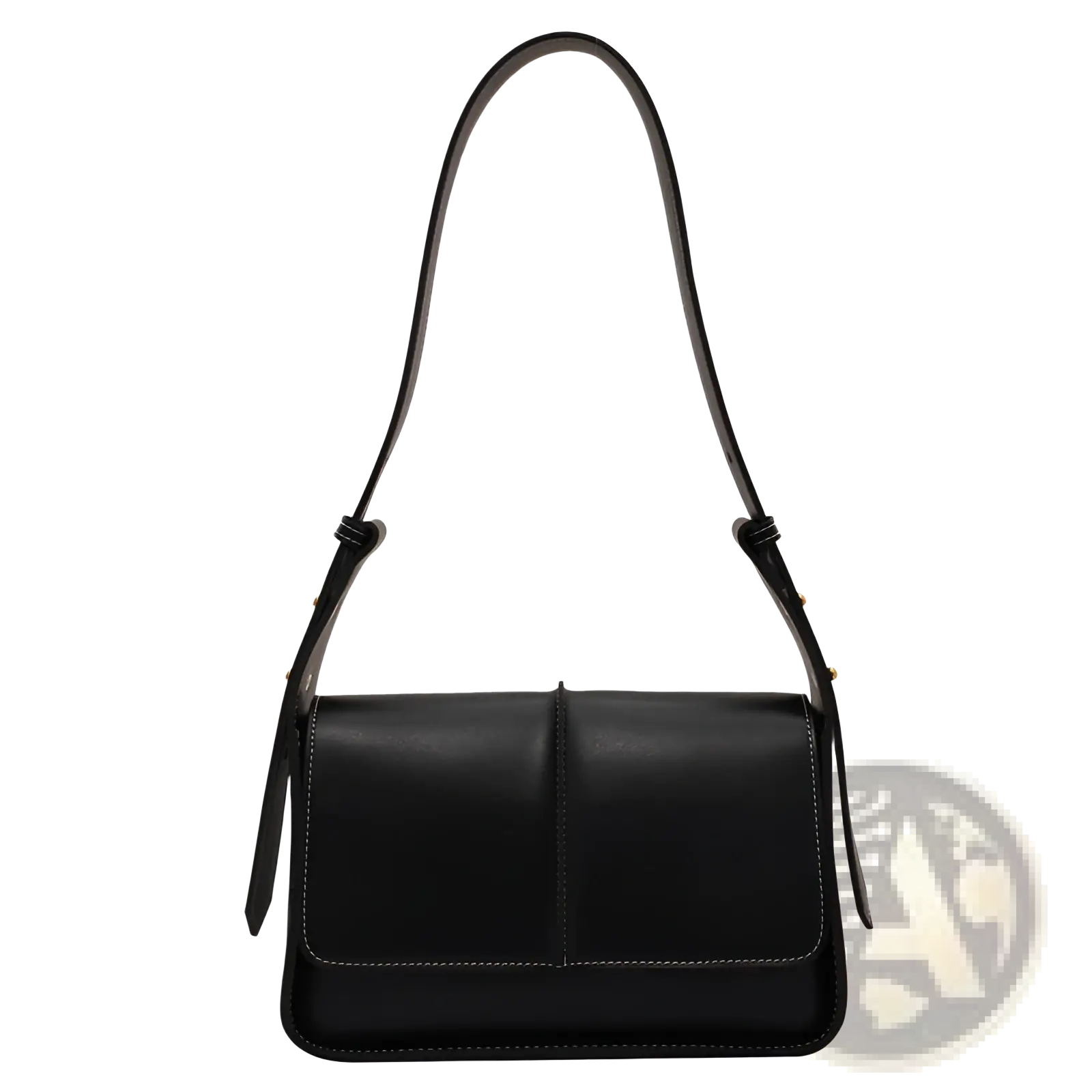 Black leather crossbody bag with sleek minimalist design and contrasting white stitching along the edges