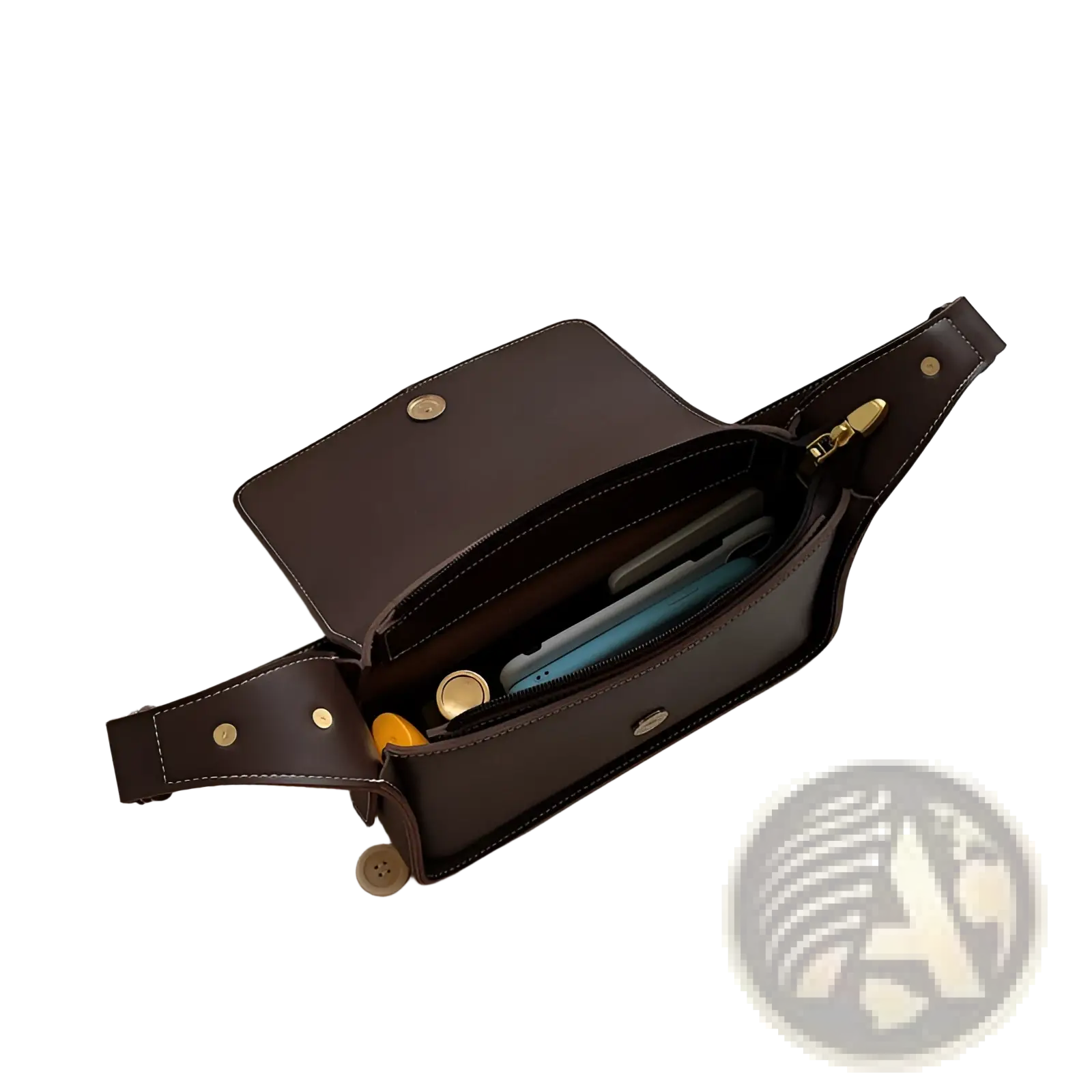Brown leather crossbody bag with gold-tone hardware and button closures minimalist shoulder purse
