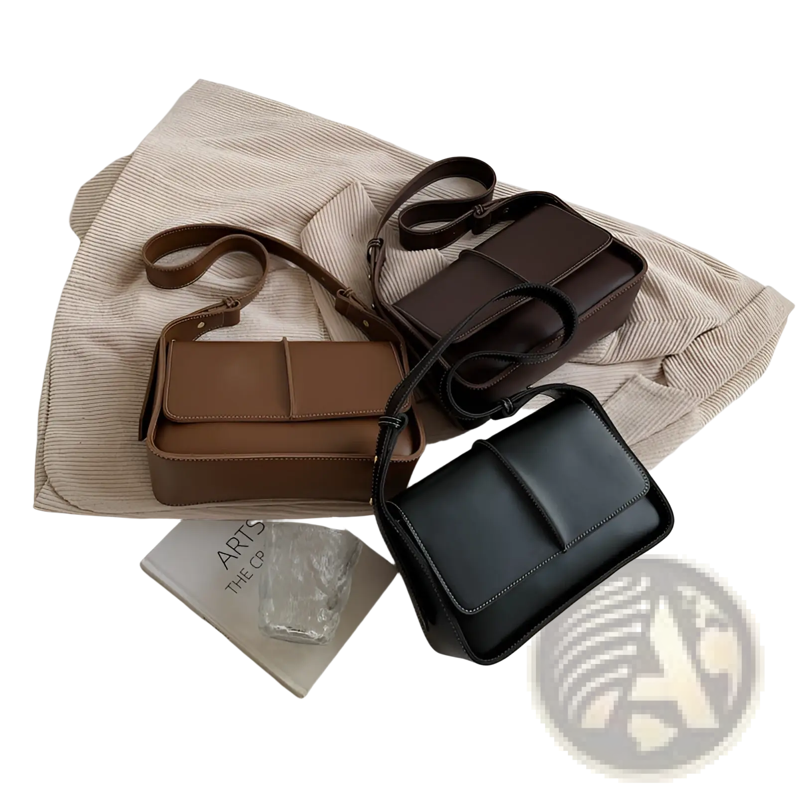 Three minimalist brown dark brown and black faux leather crossbody bags with clean stitching and adjustable straps