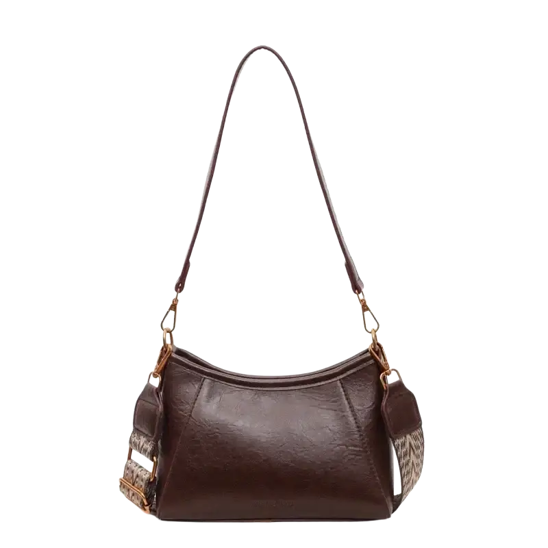 Brown leather crossbody shoulder bag for women with snakeskin-patterned strap and gold-tone hardware