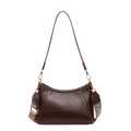 Brown leather crossbody shoulder bag for women with snakeskin-patterned strap and gold-tone hardware