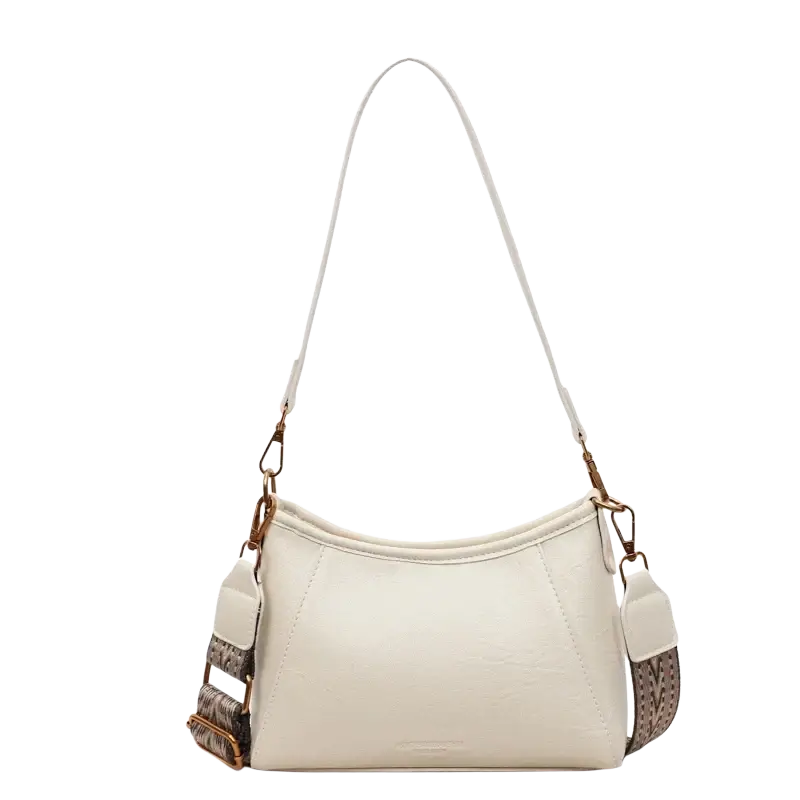 Brown leather crossbody shoulder bag for women featuring cream-colored leather with woven textured accents and a slender strap