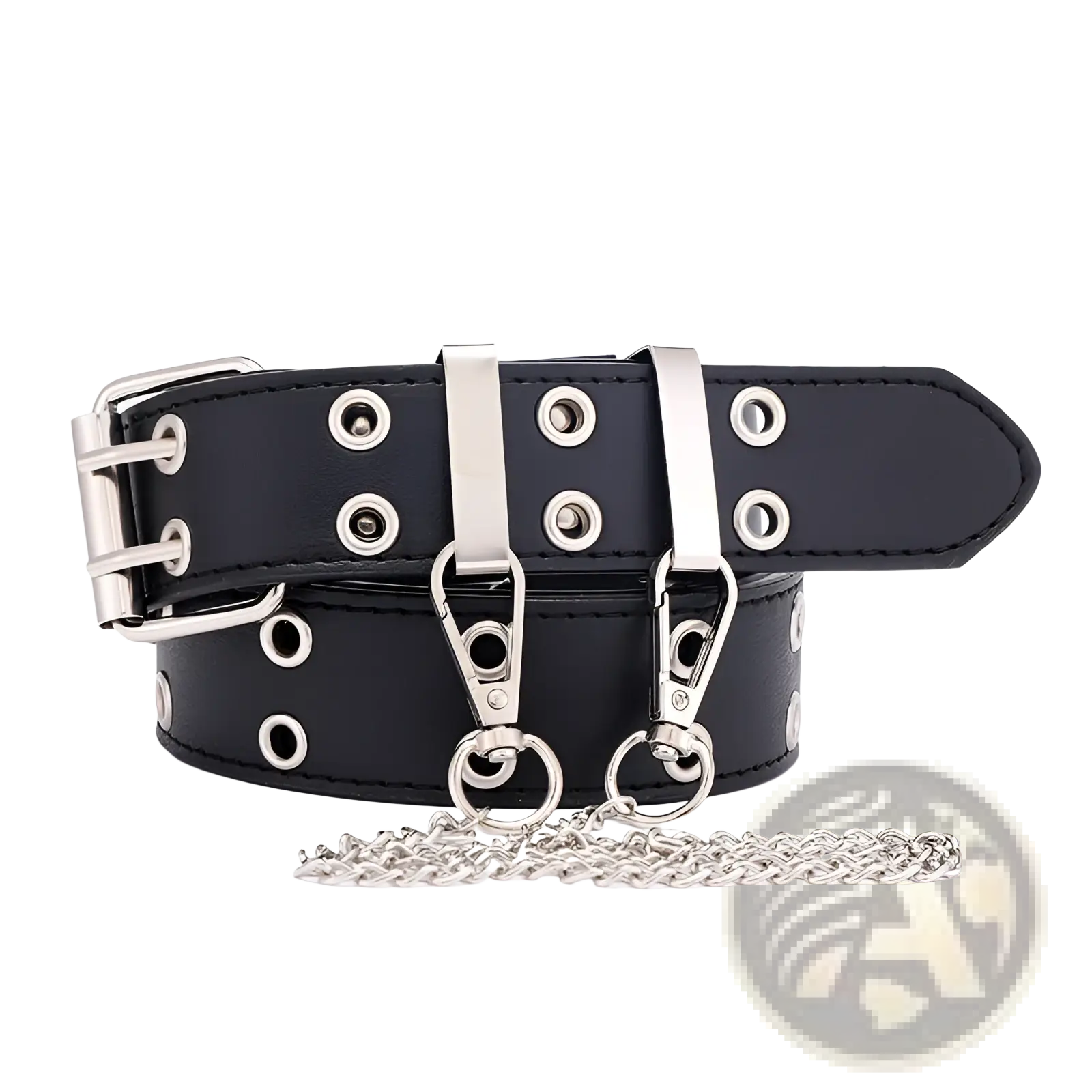 Black leather belt with silver metal hardware eyelets and chain accessory featured in brown leather double breasted waistband for women