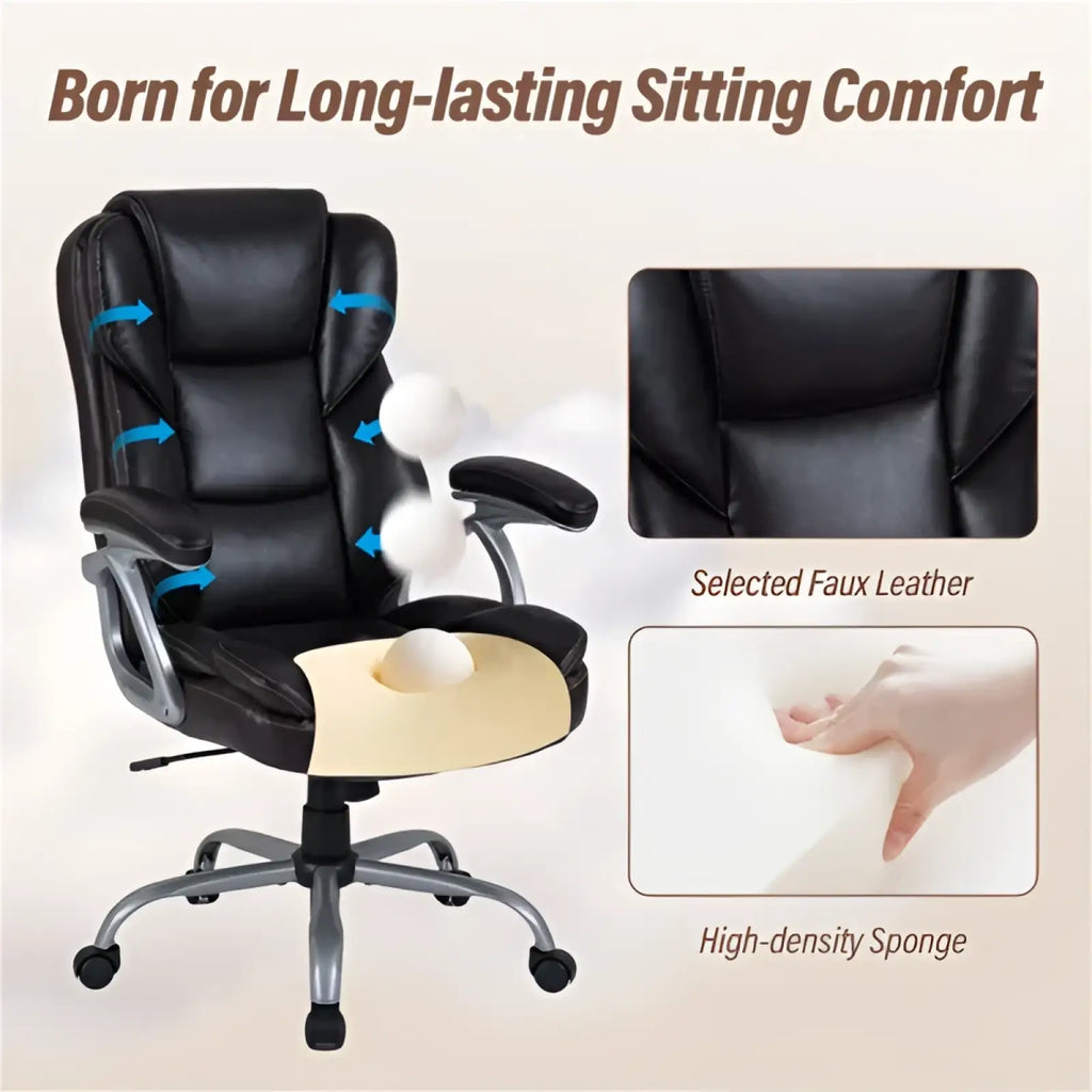 Brown leather executive office chair with chrome base featuring black faux leather and beige high-density sponge cushion