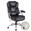 Black leather executive office chair with silver metal frame and casters shown from the back side