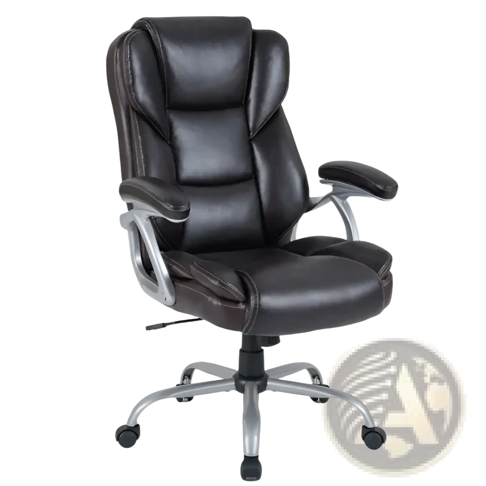 Black leather executive office chair with silver metal frame and casters shown from the back side