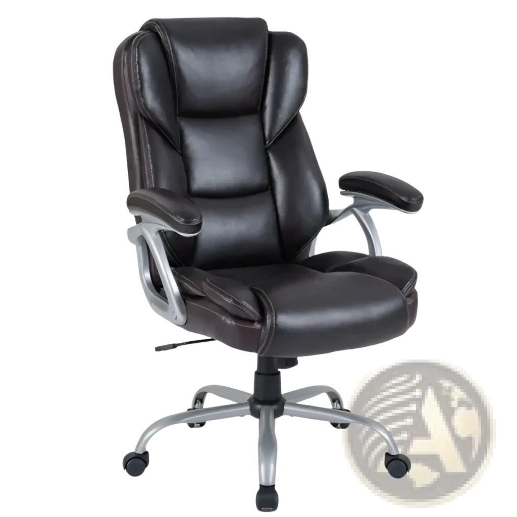 Black leather executive office chair with silver metal frame and casters for ergonomic workspace seating