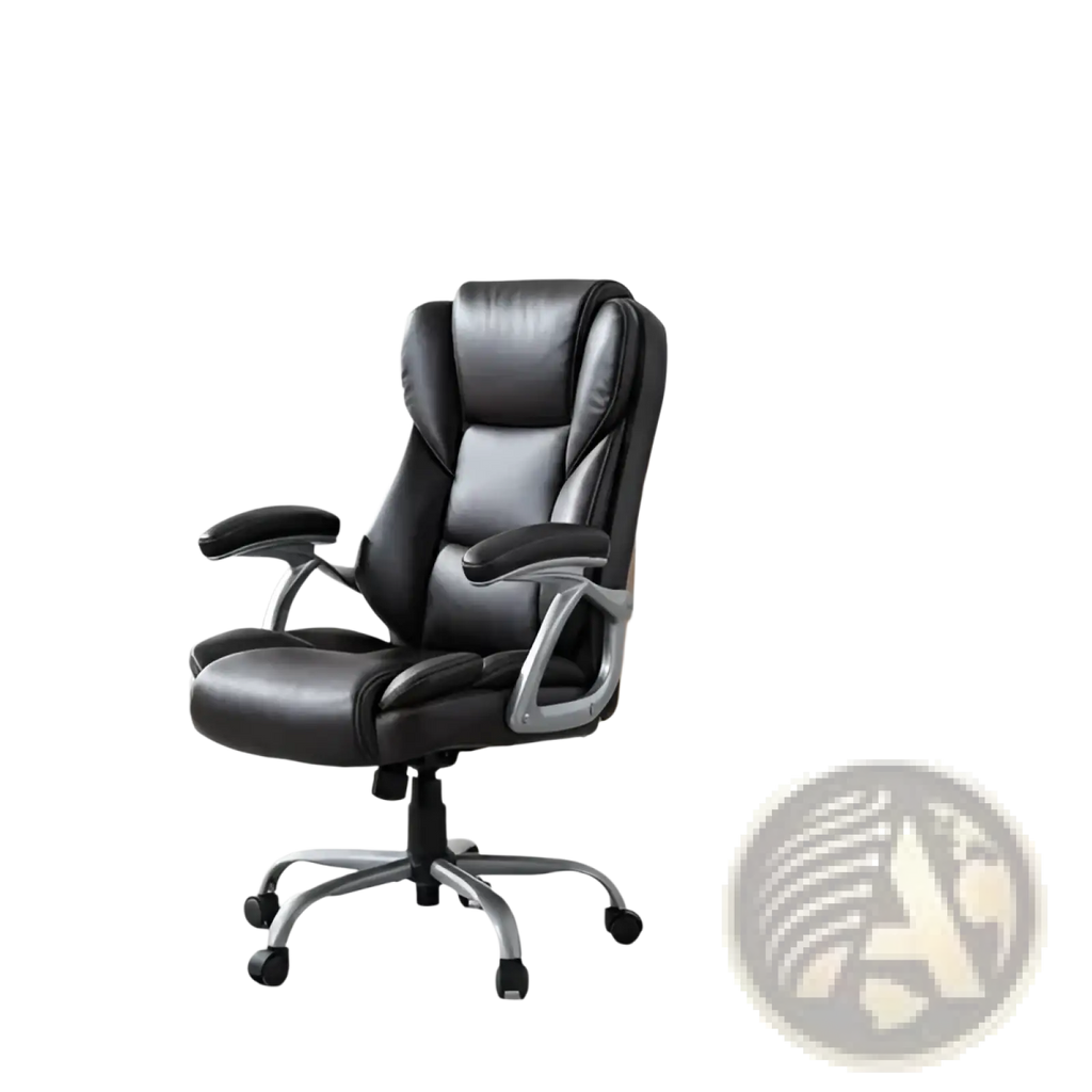 Black leather executive office chair with chrome-finished armrests and base for professional workspace use