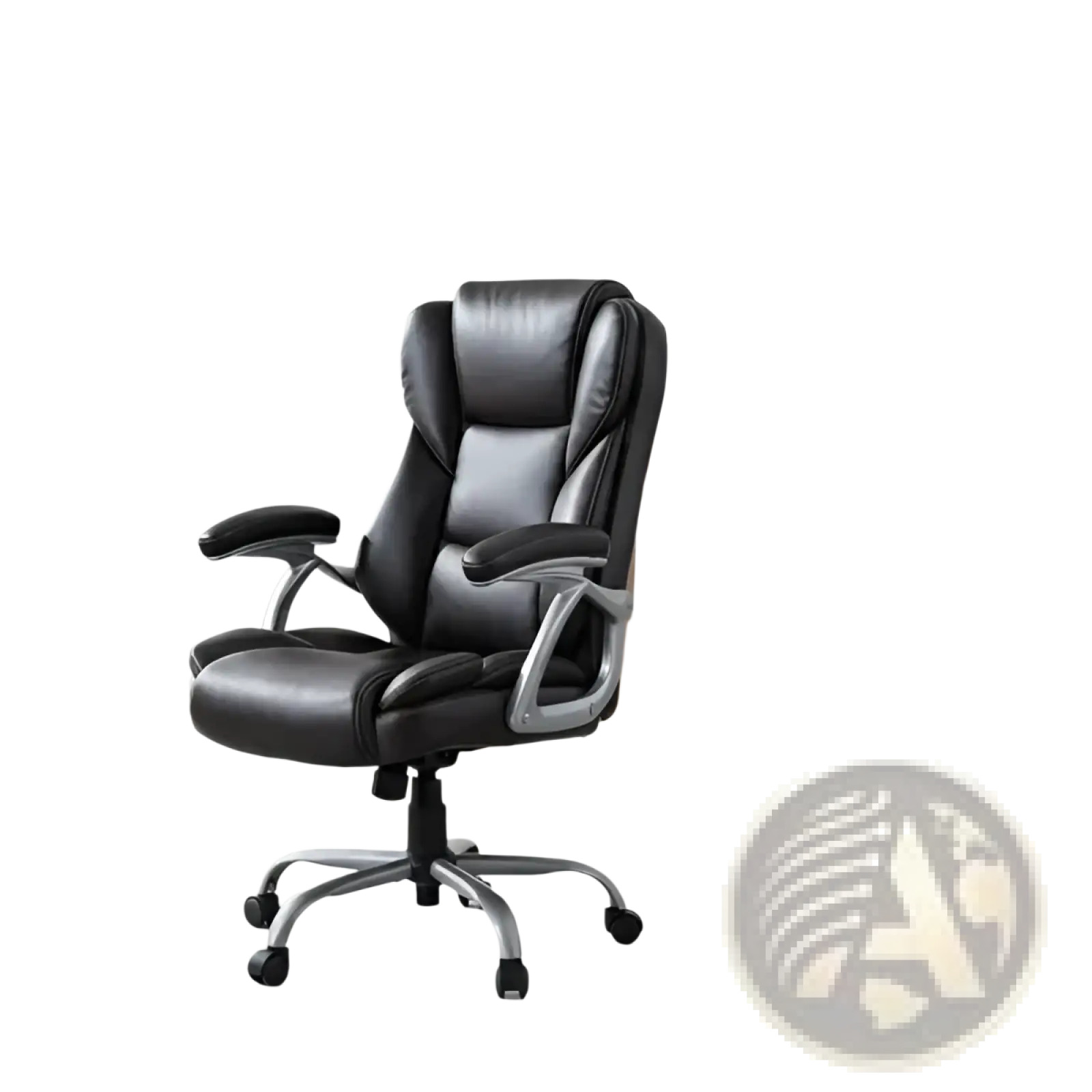 Black leather executive office chair with chrome-finished armrests and base for professional workspace use