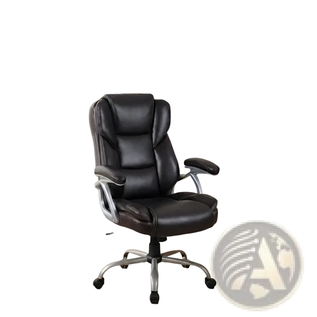 Black leather office chair with chrome base and armrests shown from the back for executive office use
