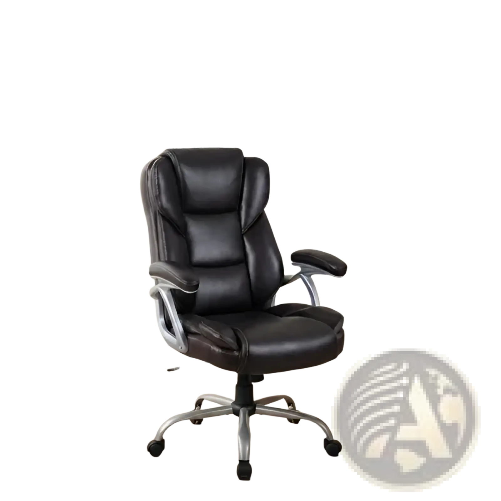 Black leather office chair with chrome base and armrests shown from the back for executive office use