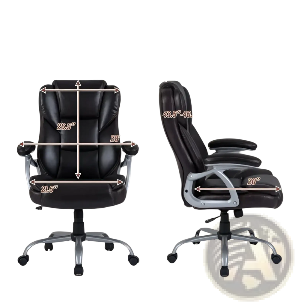 Black leather office chair with silver metal frame and casters for executive use with chrome base