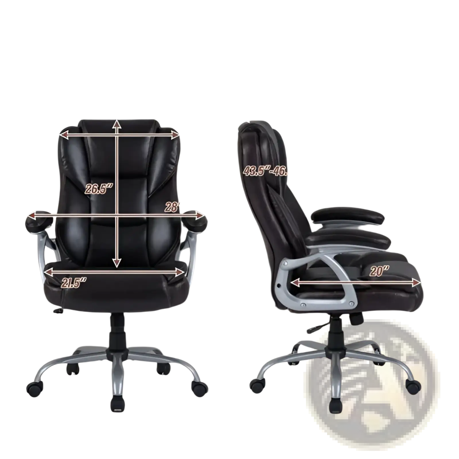 Black leather office chair with silver metal frame and casters for executive use with chrome base