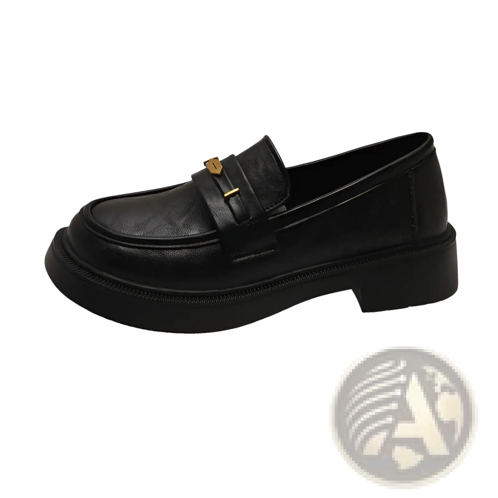 Black leather loafer with gold tone buckle and chunky sole in contrast to brown leather loafers with gold buckle detail