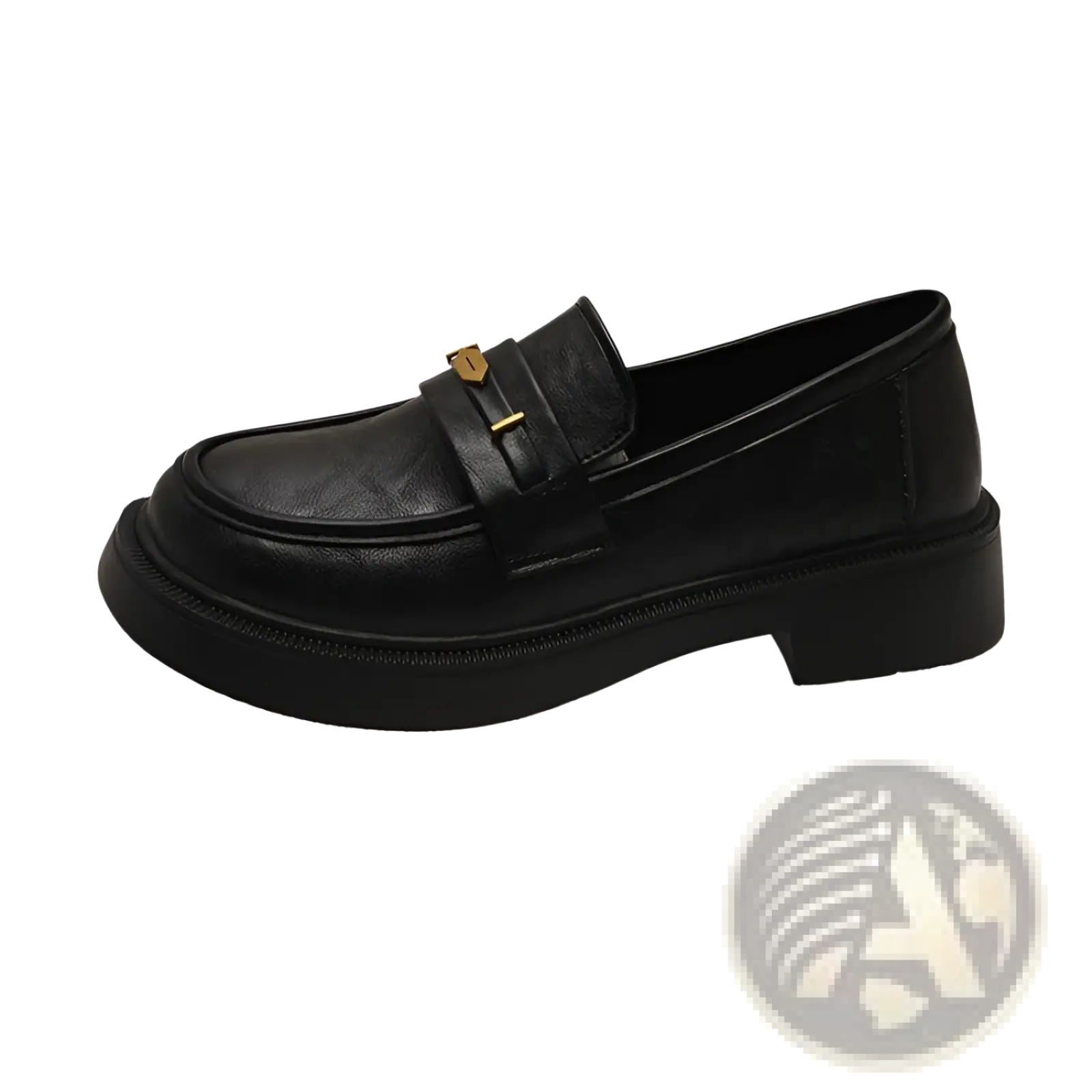 Black leather loafer with gold tone buckle and chunky sole in contrast to brown leather loafers with gold buckle detail