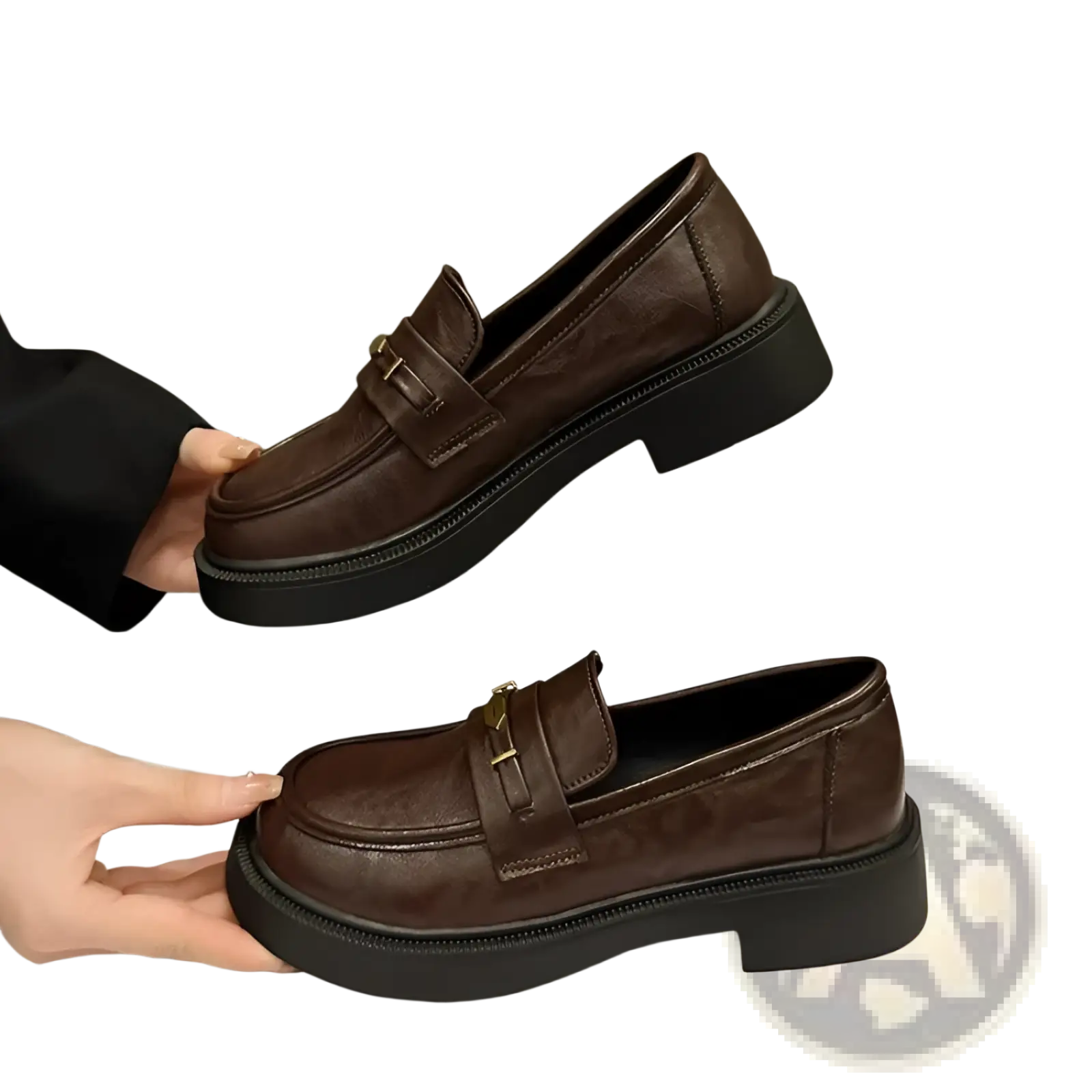 Brown leather loafers with thick black rubber sole and gold-tone buckle detail for stylish formal wear
